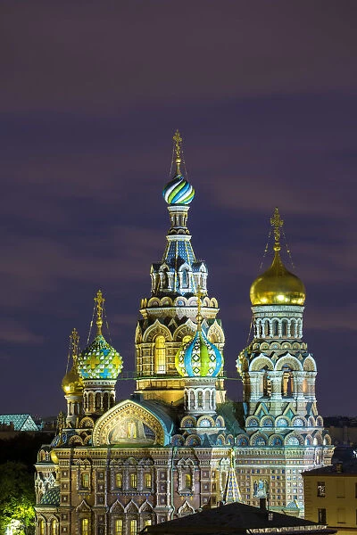 Illuminated Domes of Church of the Saviour on Spilled Blood, Saint Petersburg, Russia
