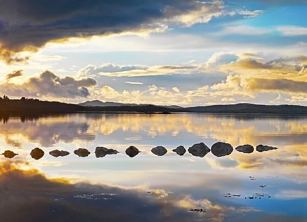 Ireland, Co. Donegal, Mulroy bay, Stepping stones at dusk