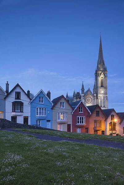 Ireland, County Cork, Cobh, Deck of Cards hillside houses and St. Colmans Cathedral