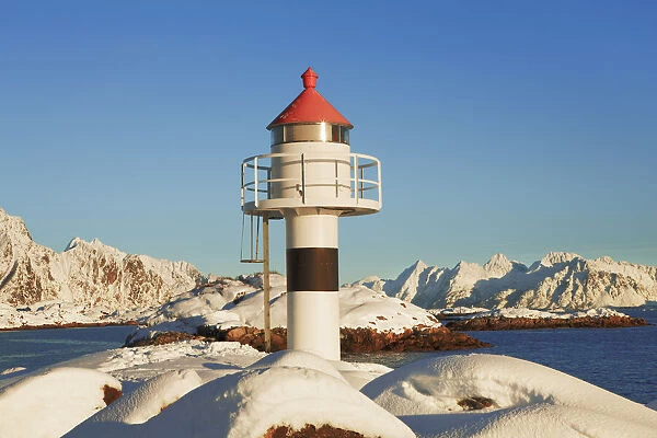 Lighthouse at port in Kabelvag - Norway, Nordland, Lofoten, Austvagoya, Kabelvag