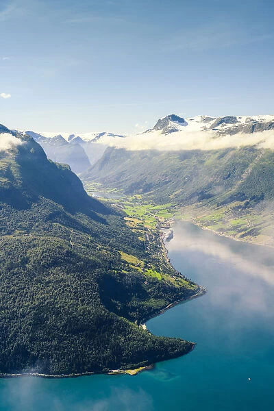 Loen, Vestland, Norway. High angle view of the Nordfjord fjord