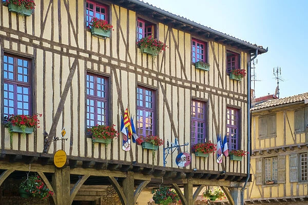 Mirepoix town hall (Mairie) half-timbered building on Place de Couverts in bastide