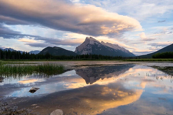 Mount Rundle reflected at Vermilion Lakes, Icefield parkway, Banff national park, Alberta, Canada