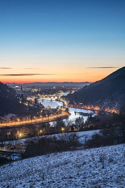 Neckar valley at night with view towards the old town of Heidelberg, Baden-Wurttemberg