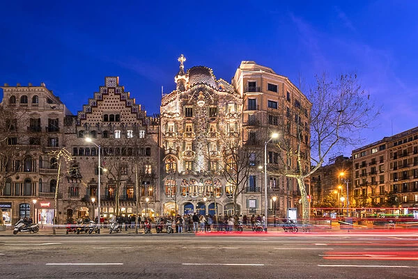 Night view of Passeig de Gracia avenue with Casa Batllo and Casa Amatller, Barcelona