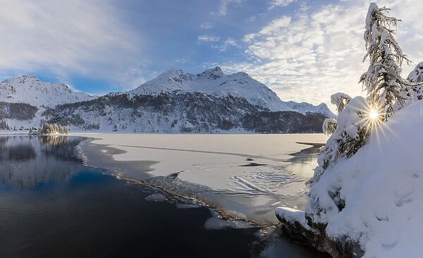 Panoramic of frozen Lake Sils, Plaun da Lej, Maloja Region, Canton of Graubunden, Engadin