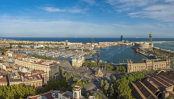 Panoramic view over Port Vell waterfront harbor, Barcelona, Catalonia, Spain
