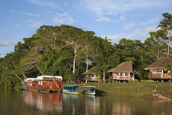 Peru. A tourist Lodge and two houseboats on the banks of the Madre de Dios River