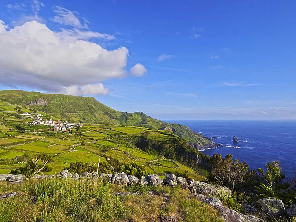 Portugal, Azores, Flores, Landscape with Mosteiro Village and Rocha dos Bordoes