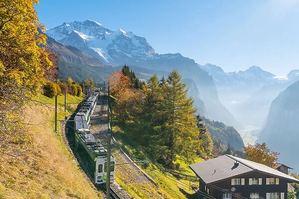 The railway from Lauterbrunnen to Wengen. Wengen, Canton of Bern, Switzerland, Europe