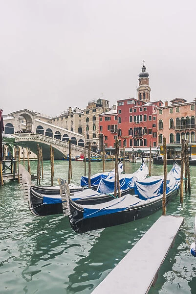 Rialto bridge, Venice, Veneto, Italy. Gondolas with snow