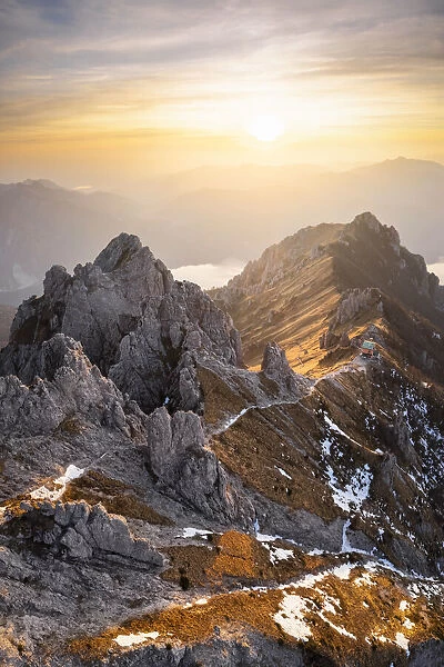 Rifugio Rosalba and Grignetta (Grigna Meridionale) with Torre Cecilia at sunset. Piani Resinelli, Lecco, Lombardy, Italy