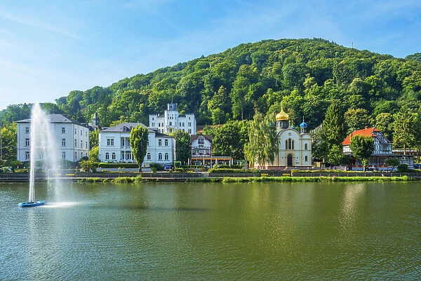 River Lahn with russian church, Bad Ems, Rhineland-Palatinate, Germany
