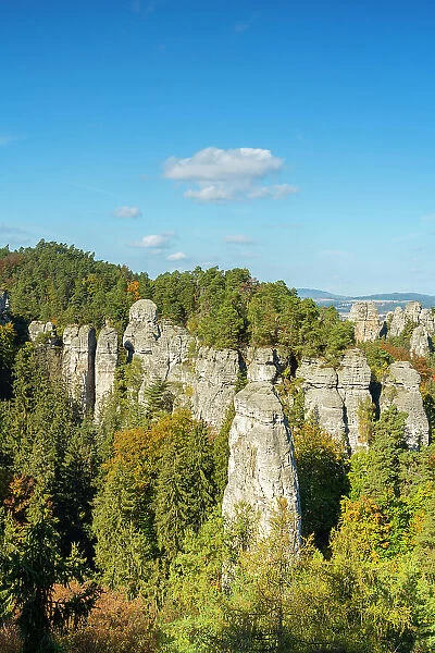 Sandstone rock formations seen from Vyhlidka na kapelu viewpoint, Hruba Skala, Bohemian Paradise Protected Landscape Area, Karlovice, Semily District, Liberec Region, Bohemia, Czech Republic
