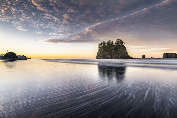 Sea stacks and reflection on low tide at dawn. Second Beach, La Push, Clallam county