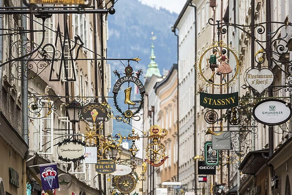 Shop signs, Salzkammergut, Getreidegasse, Salzburg, Austria