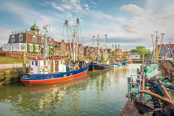 Shrimp boats in the harbor of Neuharlingersiel, East Frisia, Lower Saxony, Germany