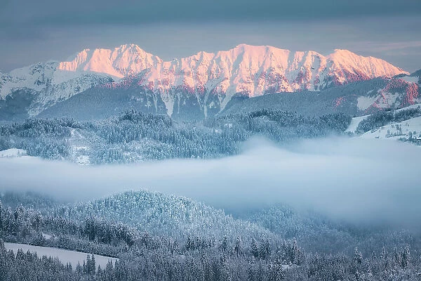Snow-covered hills and mountains around Skofja Loka, Slovenia