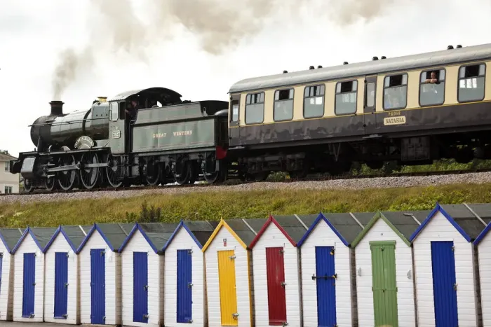 Framed Print : Steam Train & Beach Huts Print, Goodrington, Devon Framed Print : Steam Train & Beach Huts Print, Goodrington, Devon