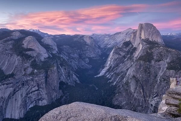 Sunset above Yosemite Valley and Half Dome, viewed from Glacier Point, Yosemite, California, USA