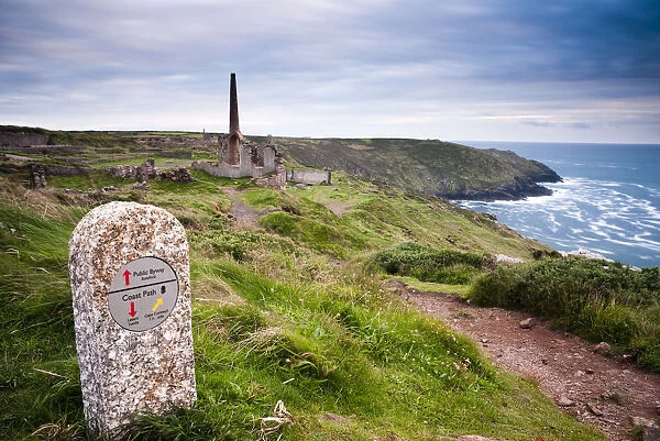 UK, Cornwall, 20th Century crusher above Botallack Mine from South West Coastal Path