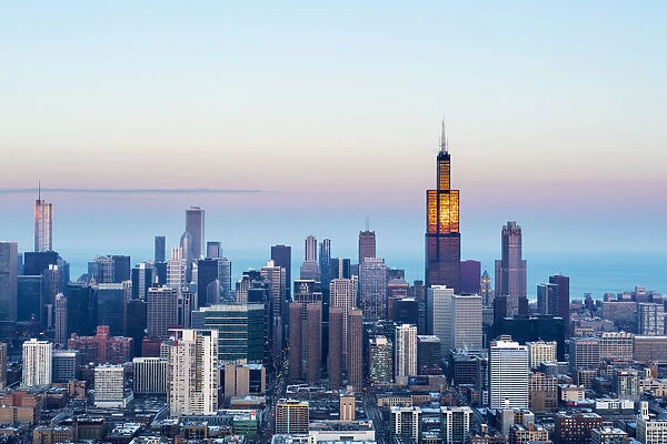 USA, Illinois, Chicago. An aerial view of the city at sunset