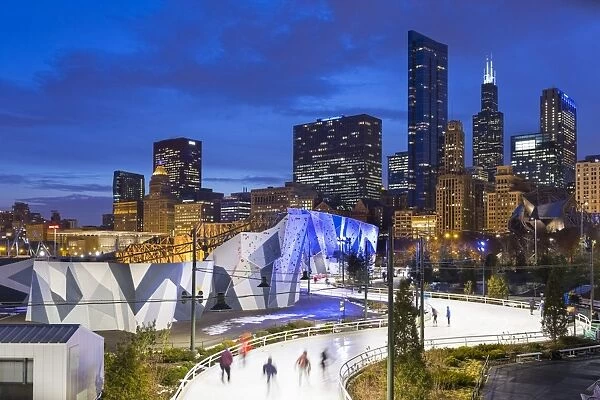 USA, Illinois, Chicago. The Maggie Daley Park Ice Skating Ribbon on a cold Winter's