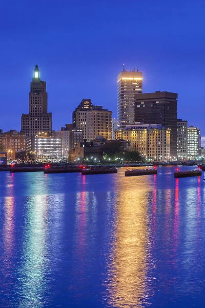USA, Rhode Island, Providence, city skyline from the Providence River, dusk