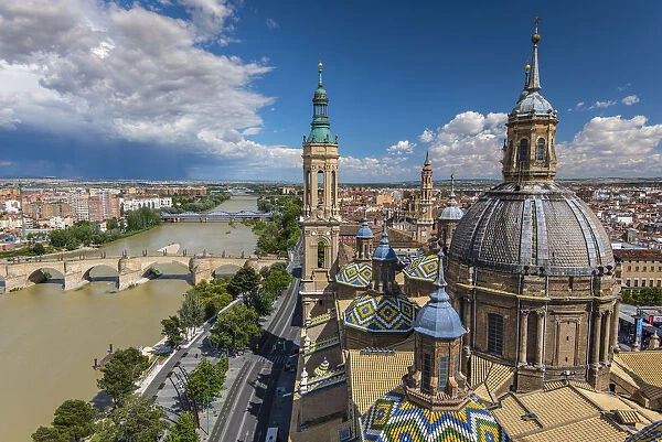 Top view of Basilica de Nuestra Senora del Pilar church and city skyline, Zaragoza
