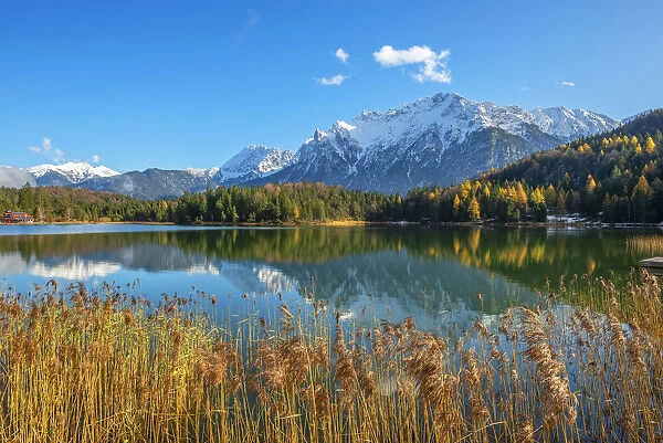 View on Lautersee and Karwendel, Mittenwald, Bavaria, Germany