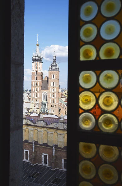 View of St Marys Church through window of Town Hall Tower, Krakow, Poland