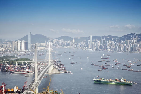 View of Stonecutters Bridge, Victoria Harbour and Hong Kong Island from Tsing Yi