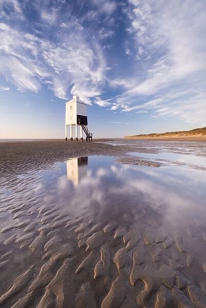 Wooden lighthouse on Burnham beach at low tide, Burnham-on-Sea, Somerset, England. Winter