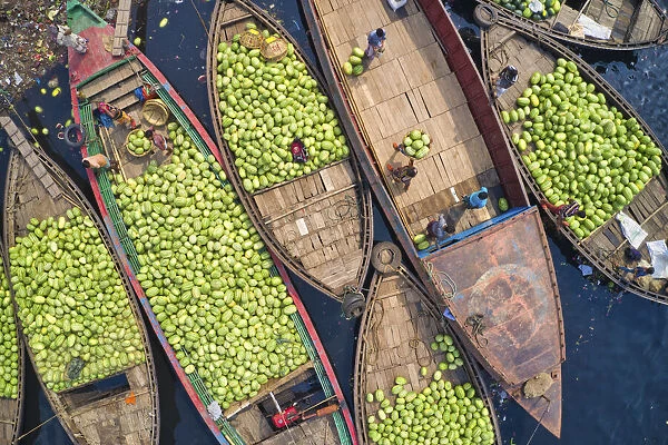 Workers unload watermelons from the boats using big baskets, Sadarghat, Dhaka, Bangladesh