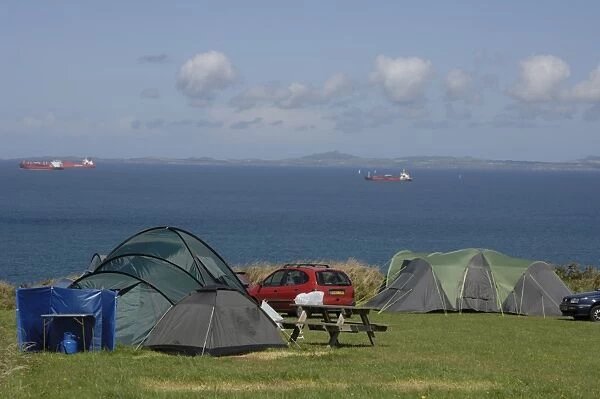 Tents on coastal campsite, West Hook Farm, Marloes, Pembrokeshire, Wales, UK, Europe