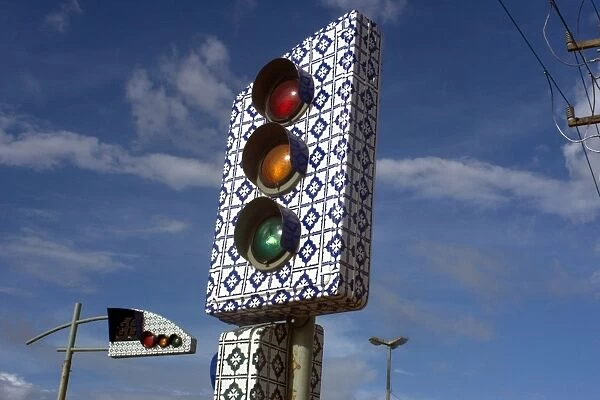 Traffic light made in the traditional Portuguese blue tiles style from the 17th century, Sao Luis, Maranhao