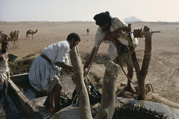 20076159. MAURITANIA water Men drawing water from desert well with camels in background
