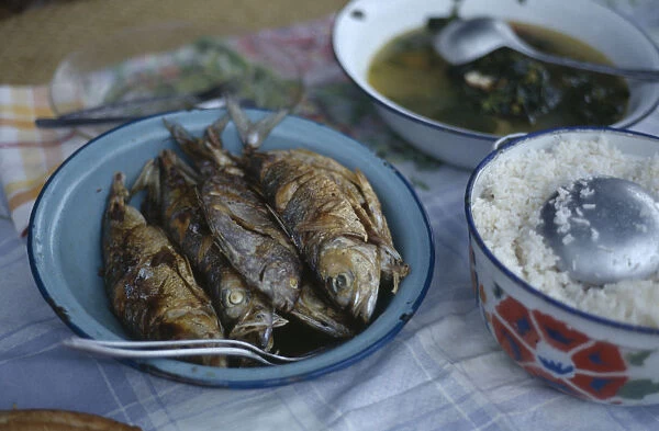 20077642. MADAGASCAR Vohemar Typical meal of fish served with rice and a piquant sauce