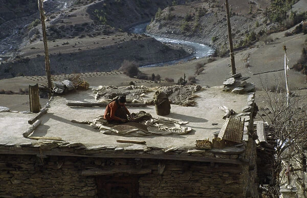 NEPAL Annapurna Mountains Architecture Woman spreading grain out to dry on roof of rural