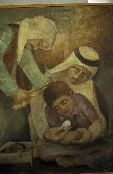 QATAR, Doha Painting of traditional medicine, a man treating a childis head with a hot p