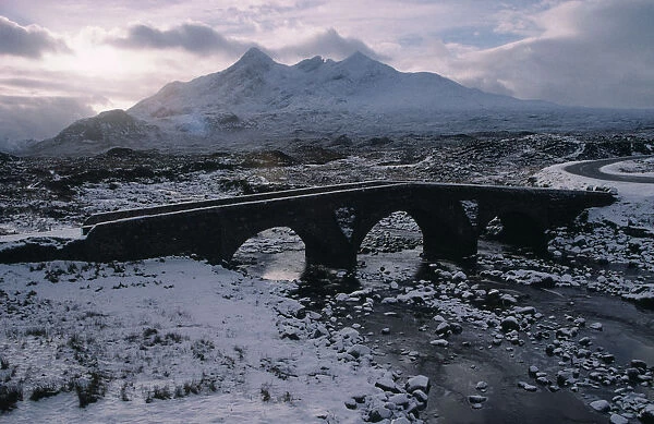 SCOTLAND, Isle of Skye Sligachan and the Cuillin Mountains in winter snow
