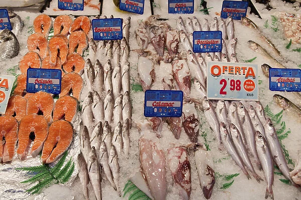 Spain, Madrid, Display of fish on a stall in Mercado de Barcelo
