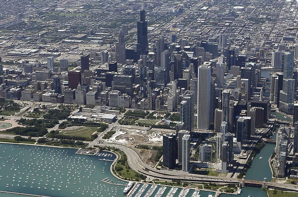 An aerial view shows the skyline and lakefront of Chicago