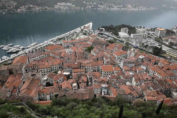 The bay and the old town of Kotor is seen from a hill in Montenegro