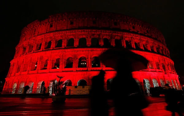 The Colosseum is lit up in red to draw attention to the persecution of Christians around