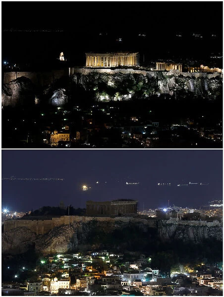 A combination picture shows a view of the ancient Parthenon temple atop the Acropolis