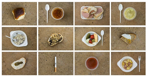 Combination of pictures shows dishes and cigarette served by volunteers to