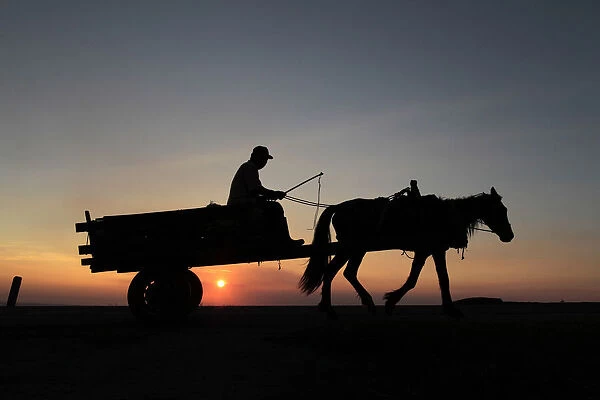 A farmer rides his horse after finishing his days work as the sun sets in the outskirts