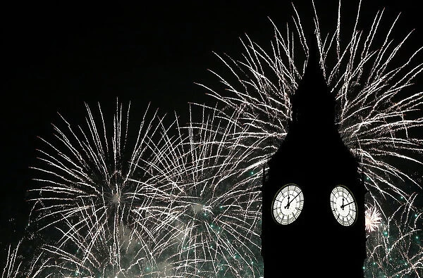 Fireworks explode by the Big Ben clocktower in London