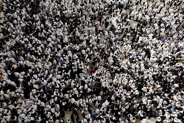 Jewish worshippers are seen from above during the priestly blessing prayer on the holiday